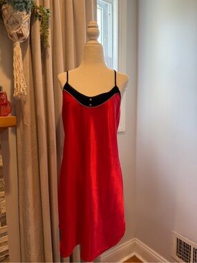 Vintage 90s Sears Inner Most Red Black Trim Slip Dress Medium